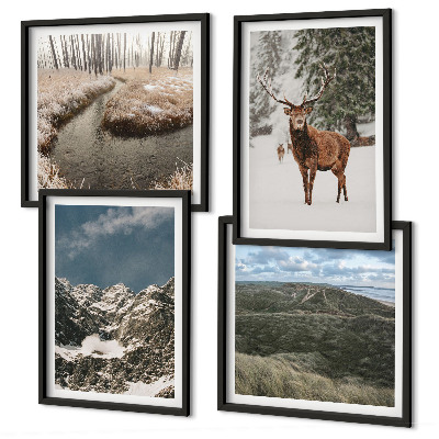 Composizione di 4 quadri Montagne, cervi delle nevi, paesaggio forestale