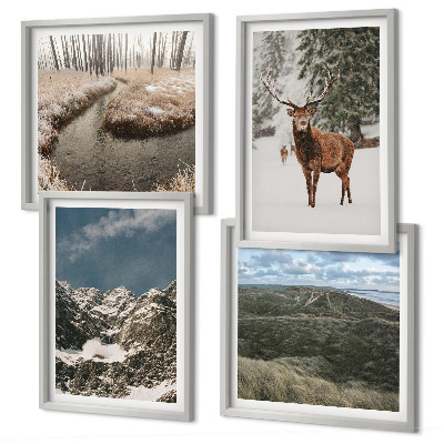 Composizione di 4 quadri Montagne, cervi delle nevi, paesaggio forestale