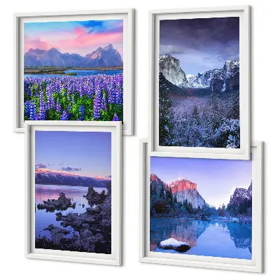 Galleria a parete con paesaggi montani, acqua e campi di fiori
