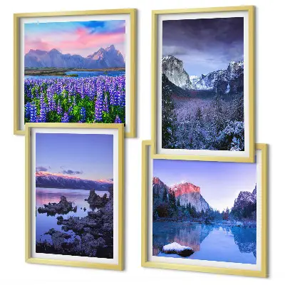 Galleria a parete con paesaggi montani, acqua e campi di fiori