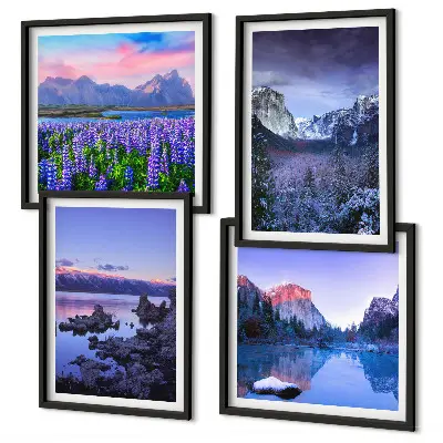 Galleria a parete con paesaggi montani, acqua e campi di fiori