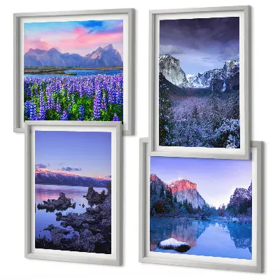 Galleria a parete con paesaggi montani, acqua e campi di fiori
