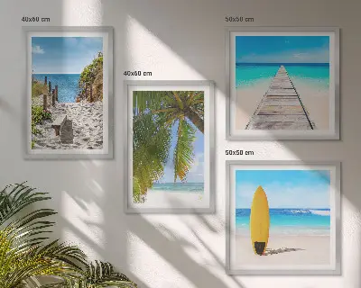 Composizione di 4 quadri con soggetti paesaggistici di spiagge e palme