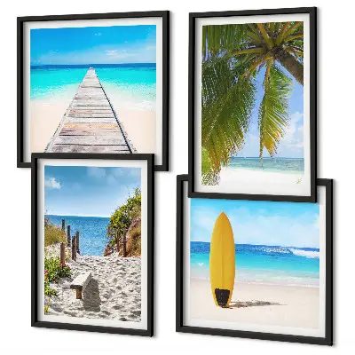Composizione di 4 quadri con soggetti paesaggistici di spiagge e palme