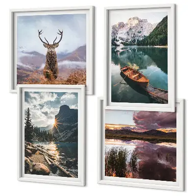 Galleria a parete con stampa di lago di montagna con barca al tramonto e cervo
