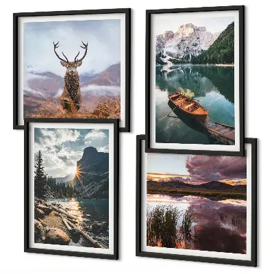Galleria a parete con stampa di lago di montagna con barca al tramonto e cervo