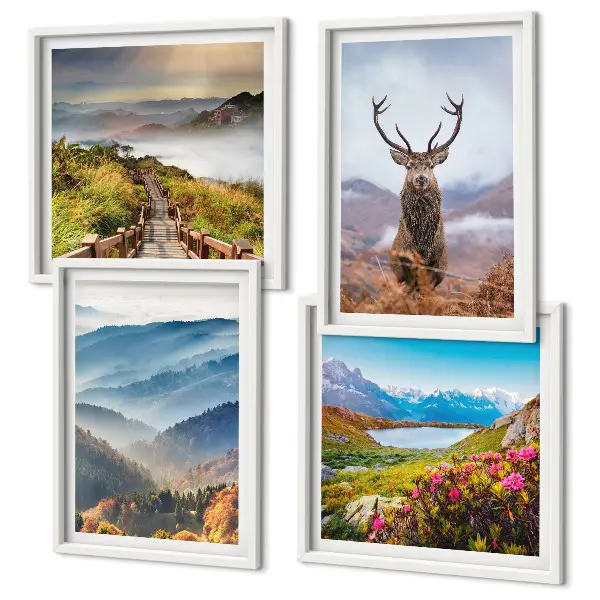 Composizione di 4 quadri paesaggio montano con lago e cervo