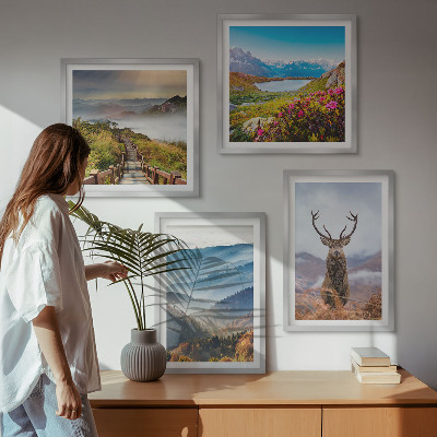 Composizione di 4 quadri paesaggio montano lago cervo