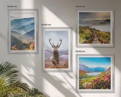 Composizione di 4 quadri paesaggio montano con lago e cervo