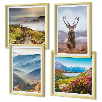 Composizione di 4 quadri paesaggio montano con lago e cervo
