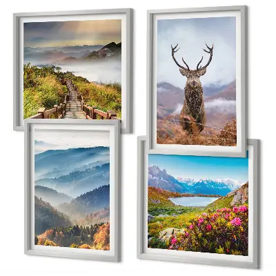 Composizione di 4 quadri paesaggio montano con lago e cervo