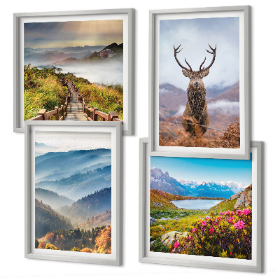 Composizione di 4 quadri paesaggio montano lago cervo