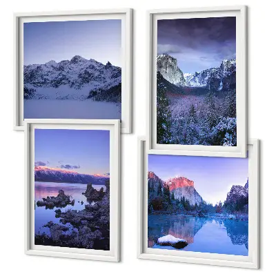 Polittico con cornice paesaggi montani al tramonto con specchio d'acqua