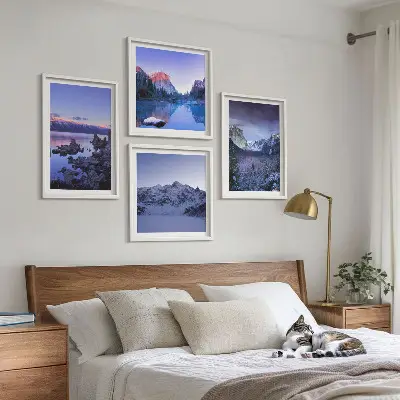 Polittico con cornice paesaggi montani al tramonto con specchio d'acqua