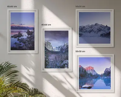 Polittico con cornice paesaggi montani al tramonto con specchio d'acqua