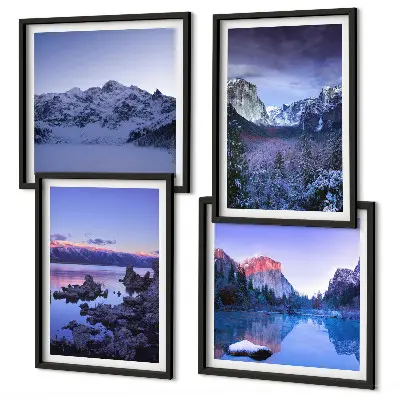 Polittico con cornice paesaggi montani al tramonto con specchio d'acqua