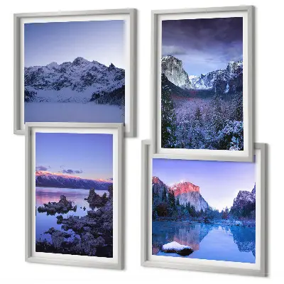 Polittico con cornice paesaggi montani al tramonto con specchio d'acqua
