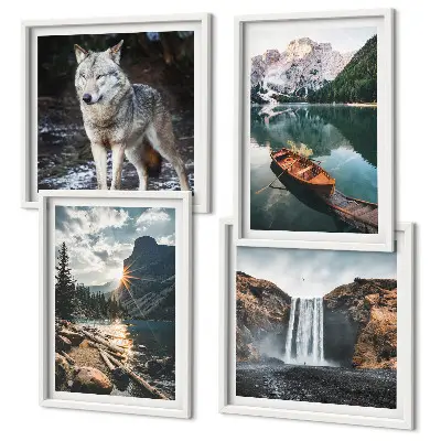 Composizione di 4 quadri con paesaggio di montagne laghi cascata e lupo