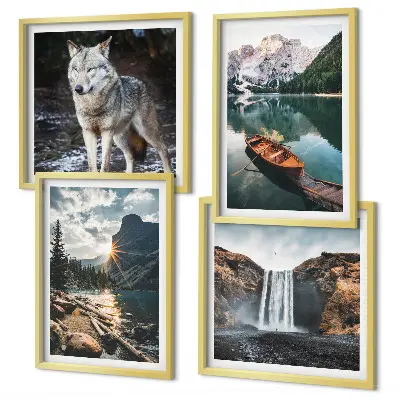 Composizione di 4 quadri con paesaggio di montagne laghi cascata e lupo