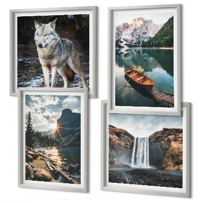 Composizione di 4 quadri montagne laghi cascata lupo