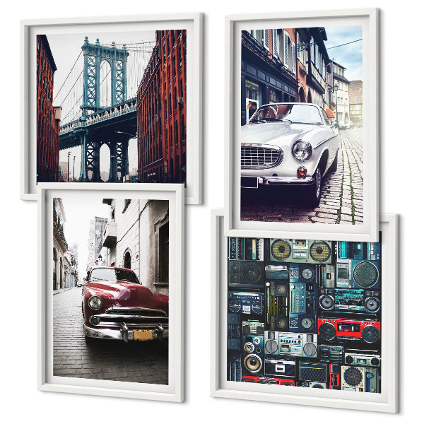Composizione di 4 quadri Vecchie auto Brooklyn audio retrò
