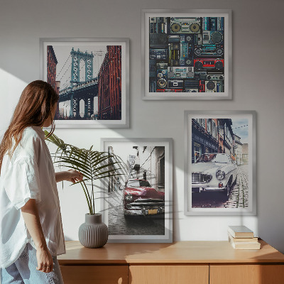 Composizione di 4 quadri Vecchie auto Brooklyn audio retrò