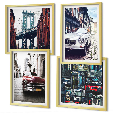 Composizione di 4 quadri Vecchie auto Brooklyn audio retrò