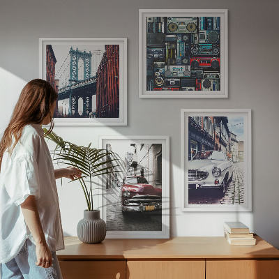 Composizione di 4 quadri Vecchie auto Brooklyn audio retrò