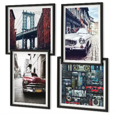 Composizione di 4 quadri Vecchie auto Brooklyn stile audio retrò