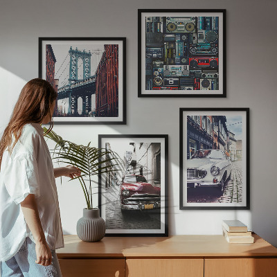 Composizione di 4 quadri Vecchie auto Brooklyn audio retrò