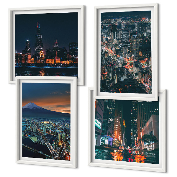 Composizione di 4 quadri Vista notturna della città dalle montagne.
