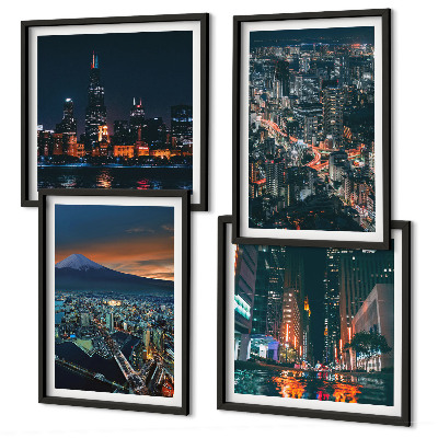 Composizione di 4 quadri Vista notturna della città dalle montagne.