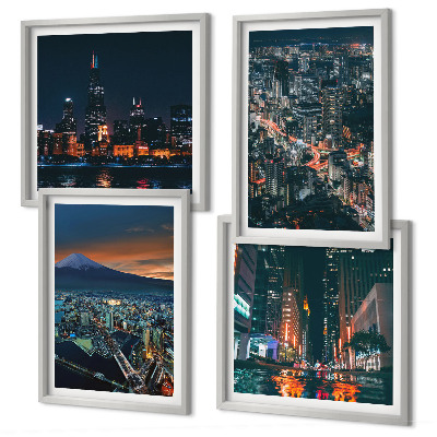 Composizione di 4 quadri Vista notturna della città dalle montagne.