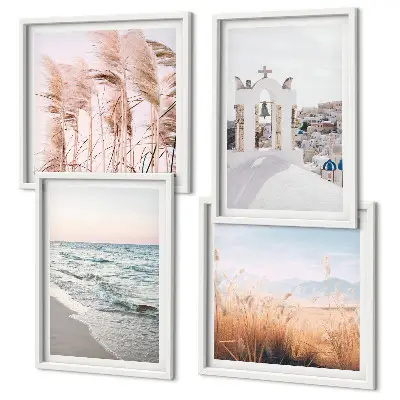 Galleria a parete con stampe di piante, onde del mare, panorama e case