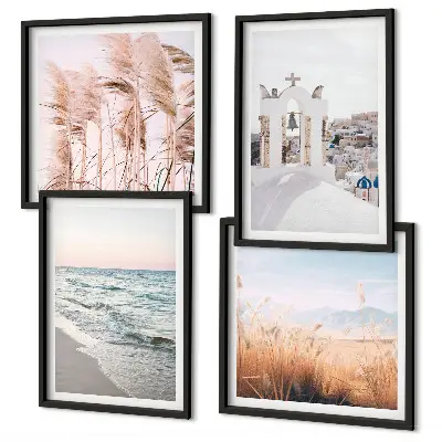 Galleria a parete con stampe di piante, onde del mare, panorama e case