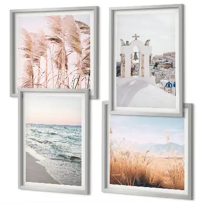 Galleria a parete con stampe di piante, onde del mare, panorama e case