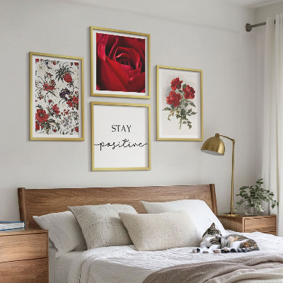 Composizione di 4 quadri iscrizione sui fiori di rose rosse