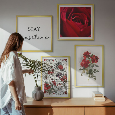 Composizione di 4 quadri iscrizione sui fiori di rose rosse