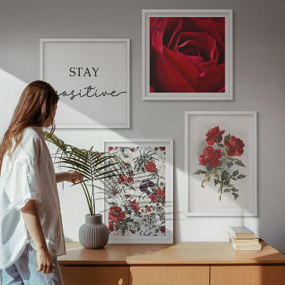 Composizione di 4 quadri iscrizione sui fiori di rose rosse