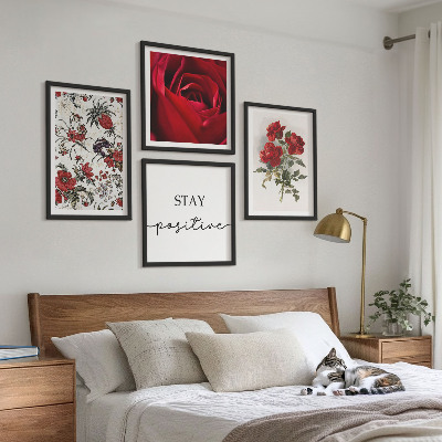 Composizione di 4 quadri iscrizione sui fiori di rose rosse