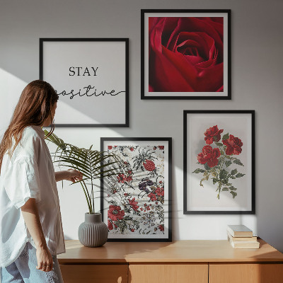 Composizione di 4 quadri iscrizione sui fiori di rose rosse