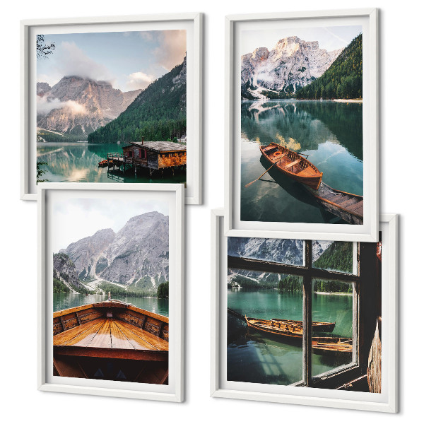Composizione di 4 quadri Lago, montagne, barche, cottage, finestra