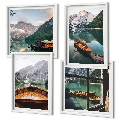 Composizione di 4 quadri con lago, montagne, barche, cottage e vista da finestra