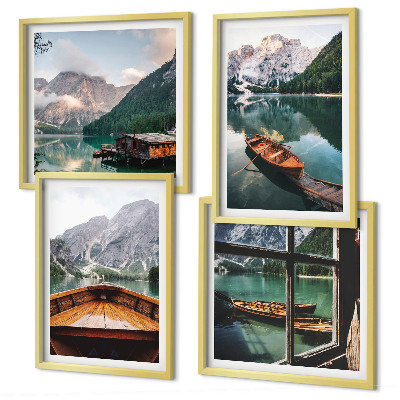 Composizione di 4 quadri Lago, montagne, barche, cottage, finestra