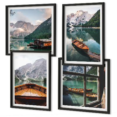 Composizione di 4 quadri Lago, montagne, barche, cottage, finestra