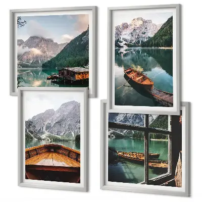 Composizione di 4 quadri con lago, montagne, barche, cottage e vista da finestra