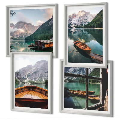 Composizione di 4 quadri Lago, montagne, barche, cottage, finestra