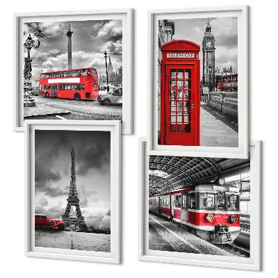 Polittico con cornice città iconiche Londra e Parigi con tema ferroviario