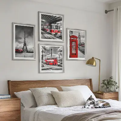 Polittico con cornice città iconiche Londra e Parigi con tema ferroviario