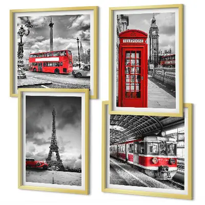 Polittico con cornice città iconiche Londra e Parigi con tema ferroviario